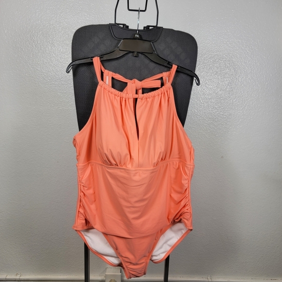 Kona Sol Coral Halter Retro Style Plus Size 20 Ruched One Piece Bathing Suit - Picture 1 of 6
